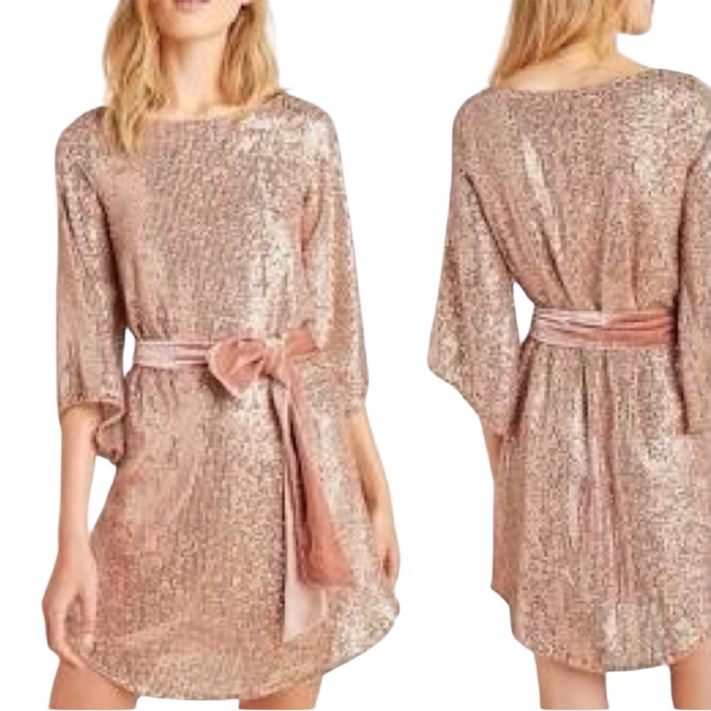 Anthropologie Starling Sequined Tunic Dress Rose Gold Long Sleeve Mini Dress S